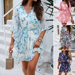 Casual Dresses Summer Autumn Long Sleeve Sexy V Neck Bodycon Mini Dress Women Butterfly Print Lace Up Sundress Streetwear Wholesale