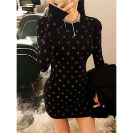 AW Wang Diamond A Letter Slim Fit Stretch Black Long Sleeve Short Skirt for Women Evening Party Dress Vestidos Midi Clothing