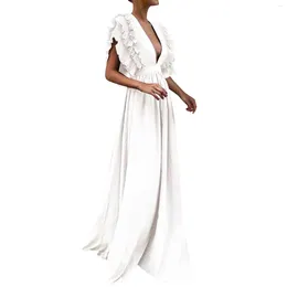 Casual Dresses Sexy Deep V Neck Ruffle Sleeve Maxi For Women Elegant High Waist Cocktail Party A Line Dress White Vestidos De Festa