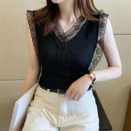 Women's Blouses Summer Blouse Lace Patchwork T-shirts Women 2024 Korean Fashion Clothes Casual White Shirts Black Sexy V Neck Knitted Tops
