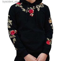 Men's Hoodies Sweatshirts Mens Fashion Hoodies Hip Hop Long Sleeve Warm Pullover Rose Floral Print Hooded Sweatshirt Male Slim Casual Sportswear Autumn L240315