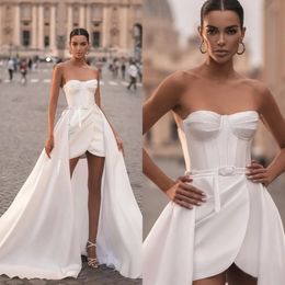 A Line Berta Dresses Strapless Bone Bodice Overskirts Short Wedding Gown Sweep Train Designer Bridal Gowns YD s