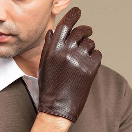 Five Fingers Gloves Men's Autumn Winter Hollow Out Genuine Leather Male Natural Sheepskin Thin Touchscreen Driving Glove R035212c