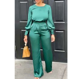 Plus Size Business Casual Green Pants Set Round Neck Lantern Sleeve Wide Leg Two Pieces 240307