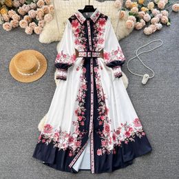 Casual Dresses 2024 Fashion Runway Floral Print Shirt Dress Women Turn Down Neck Lantern Sleeve Single Breasted Belt Long Holiday Robes