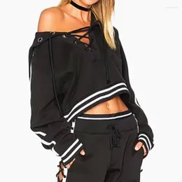 Women's Hoodies V-Neck Long Sleeve Cropped Top Tracksuit Sexy Chic Lace Up Sweatshirt Knitted Autumn Winter