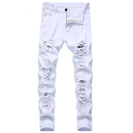 Mens White Jeans Fashion Hip Hop Ripped Skinny Men Denim Trousers Slim Fit Stretch Distressed Zip Jean Pants High Quality 240313