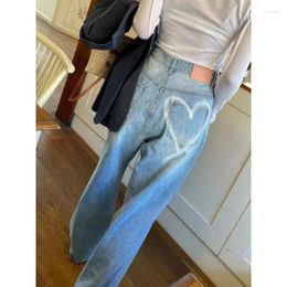 Women's Jeans High Street Love Print Distressed Casual Women 2024 Spring Korean Washed Loose Denim Wide Leg Pants