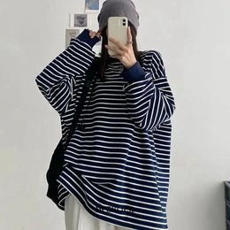 Women's T Shirts Plus Size 6XL 150KG Long Sleeve Spring T-shirts Women Simple Pure Striped Design Retro Ins Ladies Tees Top All-match BF