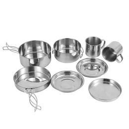 8pcsset Stainless Steel Outdoor Camping Cookware Set Portable Ultralight Picnic Hiking Cooking Pot Bowl Kit Supplies 240306