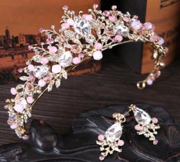 Fantasy Crystal Bridal Headpiece Crown Birthday Pography Rhinestone Leaf Tiaras Pink Hair Bridal Jewel Set With Earring half up9797069