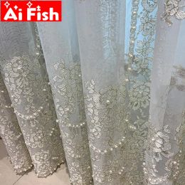 Curtains Delicate White Pearl Sheer Voile Luxury Embroidered Tulle Curtains for Living Room Romantic Gold Wire Line Wedding Decor M2015