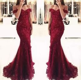 Burgundy Lace Mermaid Prom Dresses Appliques Off the Shoulder Beaded Sequins Long Prom Gowns Evening Dresses Cheap Wear BM0449