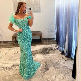 Off Shoulder Prom Dresses Mint Green Sequins Party Evening Dress Feathers Shoulder Long Special Party Evening Dress