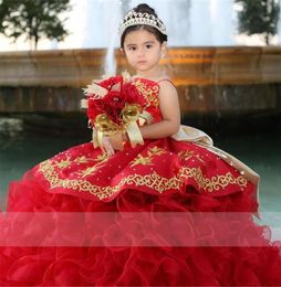 2021 Red Princess Girls Pageant Dresses Gold Embroidery Lace Beads Big Bow Ball Gown Sweep Train Organza Ruffles Tiered Party Birt9369430