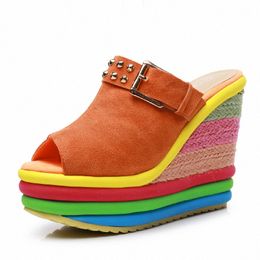 New high-heeled shoes platform shoes fashion shoes Colour waterproof platform shoes rainbow slippers P3o9#