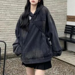 Women's Hoodies Autumn Harajuku Vintage Denim Hooded Sweatshirts Women Streetwear Trend Hip Hop Loose Teens Cool Y2k Hoody Pullovers