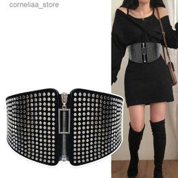 Belts Punk Rivet Inlay Wide Elastic Corset Belt Female Waist Goth Plus Size Stretch Cummerbunds Big Designer Belts For Women WaistbandY240315