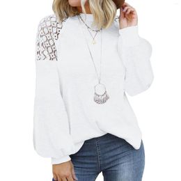 Women's Blouses Women Shirt Polyester Spandex Autumn Winter Blouse O-neck Long Sleeve Tops Lace Stitching Loose Fashion Scrub Tee