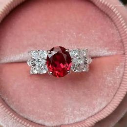 Cluster Rings Oval Pigeon Blood Gemstone Studded With Diamond-opening Adjustable Ring 925 Stamp Fashion Party Wedding Jewellery Gift