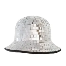 Berets Disco Ball Cowboy Bucket Hat Western Mirrored Sequin Fedora Glitter Party Accessory Bling Dance Cap For Night Out Silver