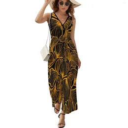 Casual Dresses Ginkgo Biloba Dress Yellow Leaves Print Modern Maxi V Neck Design Boho Beach Long Korean Fashion Oversized Vestido