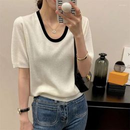 Women's T Shirts Summer Round Neck Patchwork Casual Tee Women Short Sleeve Knitting Top Wome Oversized All-match Pullover T-shirt Female