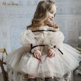 Baby Girl Princess Off Shoulder Tutu Dress Long Sleeve Child Vintage Gauze Tulle Vestido Party Wedding Birthday Frocks 1-14Y 240307