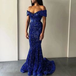 Sexig av axel glänsande paljetter sjöjungfru aftonklänning Royal Blue V Neck Long Black Girls Prom Party Gowns Vestidos DE