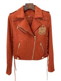 HIGH STREET est 2024 FW Designer Jacket Womens Rope Lacing Up Beaded Synthetic Suede Leather Motorcycle Biker Jacket 240311