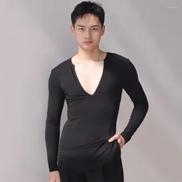 Stage Wear Latin Dance Practise Clothes For Men Long Sleeved Big V-Neck Shirts Chacha Rumba Tango Dress Male Costumes DQS15405