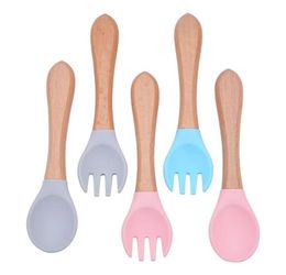 Silicone wood Fork spoon set Utensils Toddlers Feeding Accessories Forks spoons For Baby Convenient Cute 20220224 Q26399646