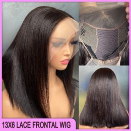 On Sale Malaysian Peruvian Brazilian Natural Black Silky Straight 13x6 Transparent Lace Frontal Bob Wig 100% Raw Virgin Remy Thick Human Hair