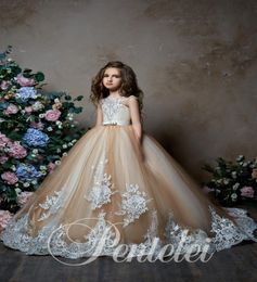 Pentelei 2019 Champagne Flower Girl Dresses For Weddings Jewel Neck Lace Little Kids Baby Gowns First Communion Dress Girls Pagean4635396