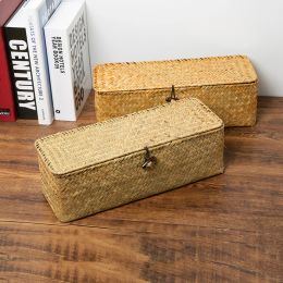 Baskets Natural Storage Basket Straw Storage Box with Lid Handmade Rattan Storage Baskets Snack Cosmetic Organiser Household Container