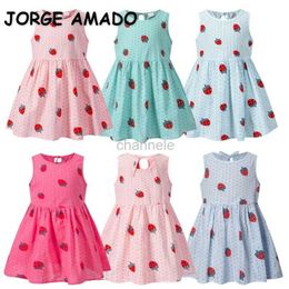 Girl's Dresses Korean Style New Summer Kids Girls Dress Cotton Linen Sleeveless Round Neck Strawberry Print Casual Dresses H8011 240315