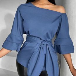 Women's Blouses Spring Sexy Off Shoulder Bow Tie Blouse Women Elegant Waist Solid Color Pullover Shirt 2024 Autumn Casual 3-4 Flared Sleeve