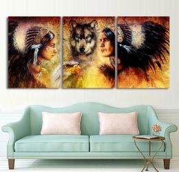 3 Pieces Canvas Art Wolf And Indian Feather Warrior Women Poster Canvas Painting Wall Pictures For Living Room3792242