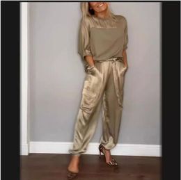 Spring Summer Fashion Solid Colour Satin Two Piece Set Women Round Neck Long sleeved Top Long Pants Casual Loose Two Piece Set 2403072