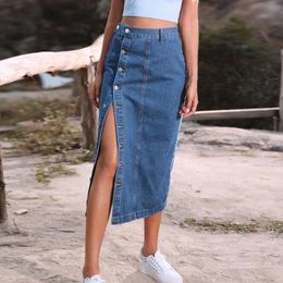 Skirts Summer European And American Button Front Irregular Slit Denim Slim High Waist Long Skirt Casual Midi Jeans