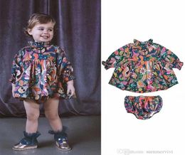 INS Infant floral printed clothing sets girls ruffle collar long sleeve shirt PP Shorts 2pcs Spring newborn baby kid cotton cloth1656362