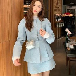 Work Dresses Korean Temperament Tweed Coat Skirt Two Piece Set Women O-neck Puff Sleeve Single Breasted Gentle Solid Slim Winter Chic Suit