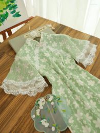 Ethnic Clothing 2024 Retro Elegant Chinese Summer Chiffon Cheongsam Qipao Dress Short Sleeve Lace Green Sweet Improved