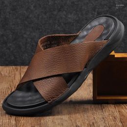 Slippers 2024 Men's Genuine Leather Outdoor Casual Soft Sole Anti Slip Breathable Lightweight Summer Beach Shoes