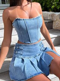 Work Dresses Tops And Mini Skirt Ladies Fashion Club Party Pleated Two Piece Set Sexy Denim Sets Women Strapless Crop