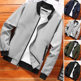 Men's Jackets Men Coat Stand Collar Zip Up Cardigan Baseball Jacket For Fall Winter With Elastic Cuff Smooth Zipper Pocket Mid