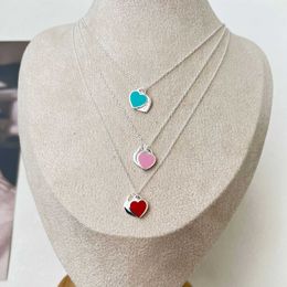 Designer tiffay e co prata esterlina duplo coração colar feminino esmalte azul rosa 925 colar corrente presente do dia dos namorados