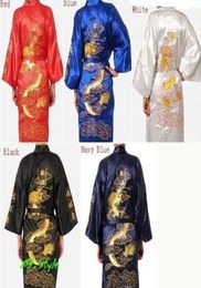 Embroidery Dragon Chinese Silk Men039s Bathrobe Kimono Robe Gown black red blue white Navy top quality40805481740075