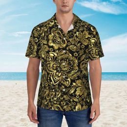 Men's Casual Shirts Shiny Gold Baroque Shirt Black Floral Damasks Vintage Hawaiian Man Short Sleeve Beach Y2K Street Oversized Blouses