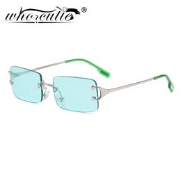 WHO CUTIE Vintage Green Rimless Rectangle Sunglasses Women Metal Square Sun Glasses Gradient Lens Frameless Shades UV400 240226